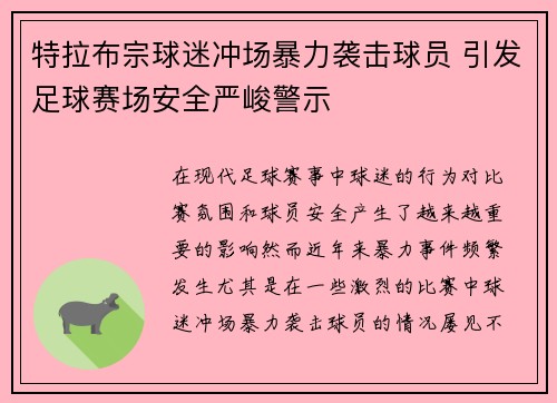 特拉布宗球迷冲场暴力袭击球员 引发足球赛场安全严峻警示 特拉布宗球迷冲场暴力袭击球员 引发足球赛场安全严峻警示