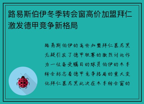 路易斯伯伊冬季转会窗高价加盟拜仁激发德甲竞争新格局 路易斯伯伊冬季转会窗高价加盟拜仁激发德甲竞争新格局
